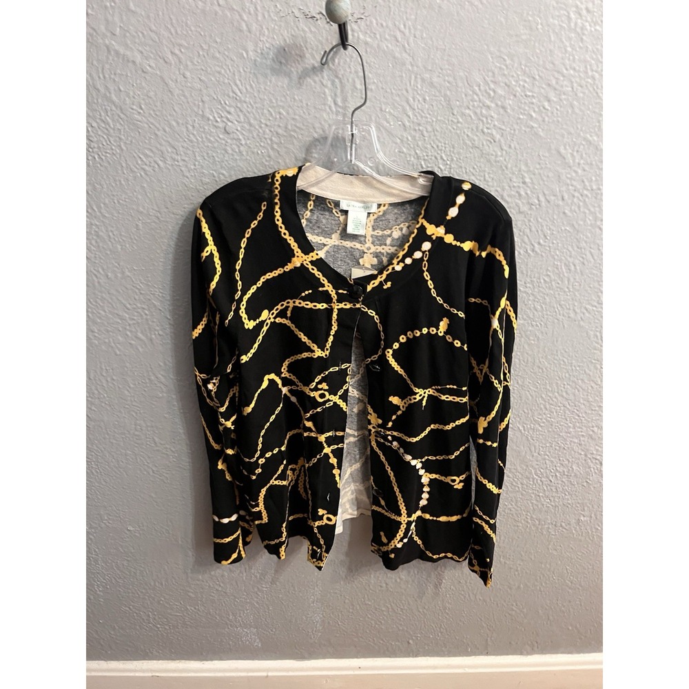 Laura Ashley Woman Button Front Cardigan Chain Print Black & Gold Size Large